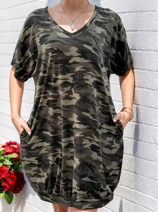 omen's Camo Print V-Neck Dress - Casual Short Sleeve Summer Dress with Side Pockets, Stretchy Polyester Blend, Black/Green Camouflage Pattern, Machine Washable