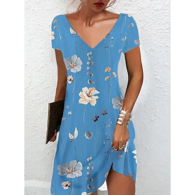 Women's Casual Dress Summer Dress Print Dress Floral Print V Neck Mini Dress Active Fashion Outdoor Daily Short Sleeve Regular Fit Black And White Olive Green Colourful Summer Spring S M L XL XXL