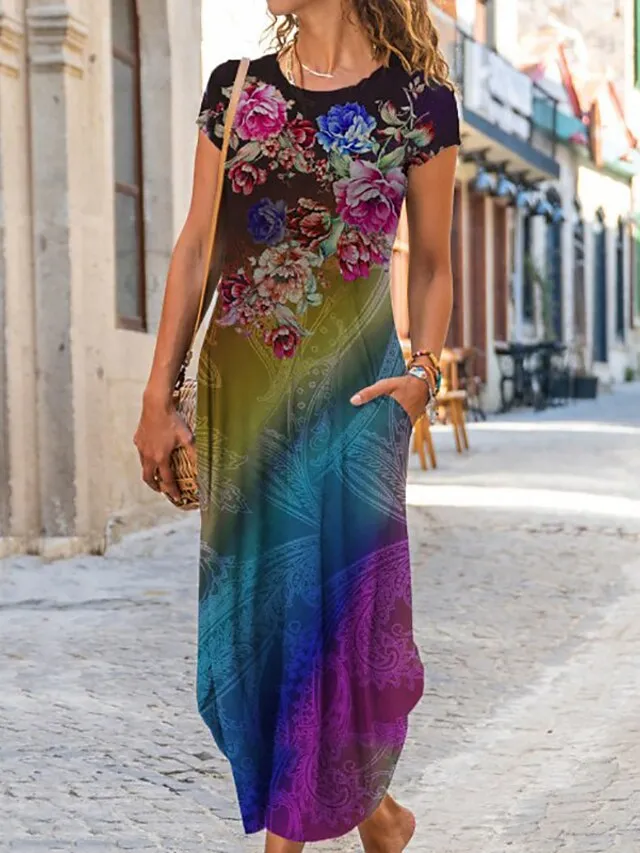 Women's Casual Dress Ethnic Dress Shift Dress Long Dress Maxi Dress Black Pink Wine Short Sleeve Floral Print Spring Summer Crew Neck Vintage Daily Vacation Weekend 2023 S M L XL XXL 3XL