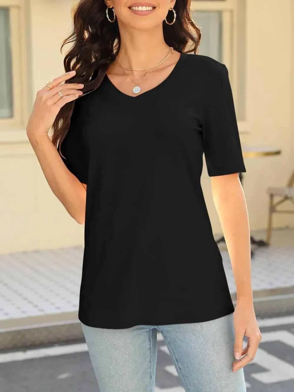 ORANDESIGNE Women's Color Block Short Sleeve T Shirts Casual V Neck Summer Tops Tees Loose Fit Blouses