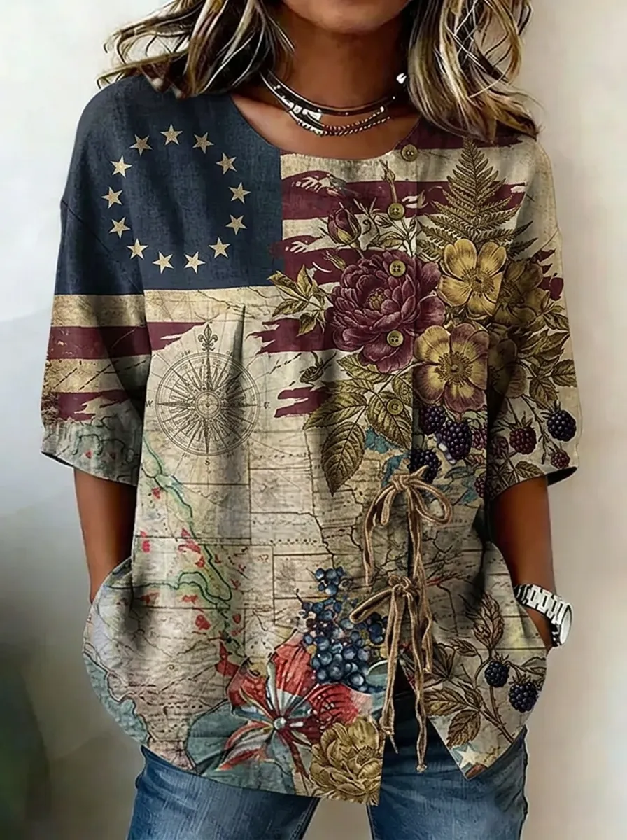 Women's Nashville Flag Floral Map Printed Button-Up Top
