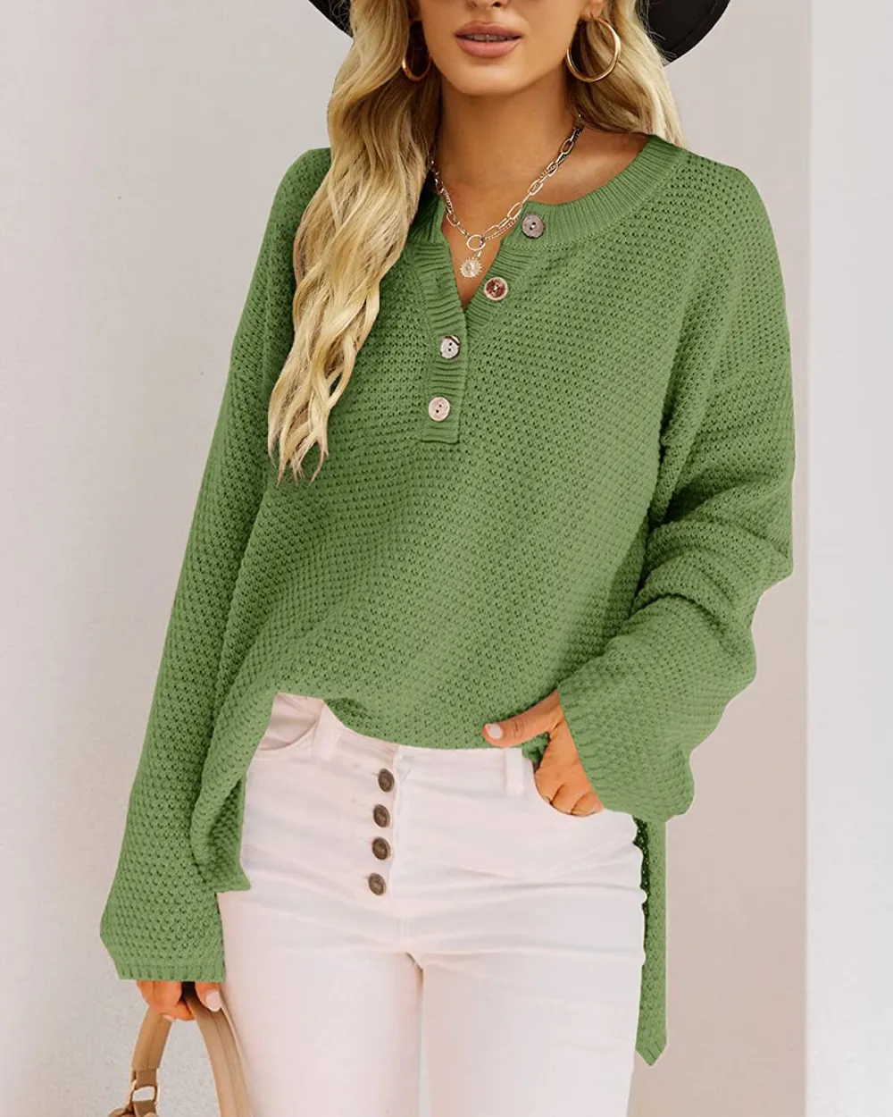 Women's Oversized Sweaters Batwing Long Sleeve Loose V Neck Button Henley Tops Pullover Knit Jumper