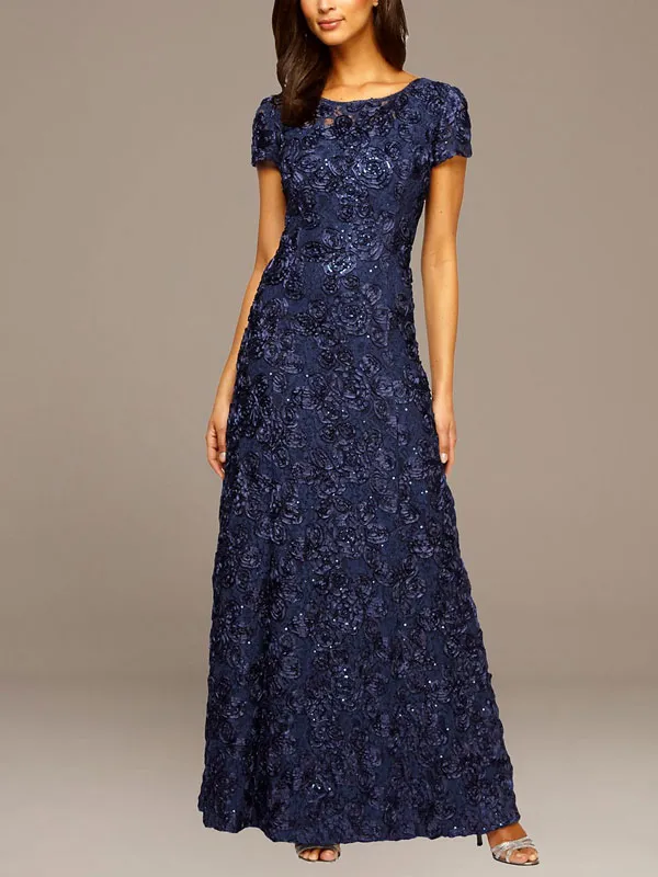 rosette lace cap sleeve a-line gown