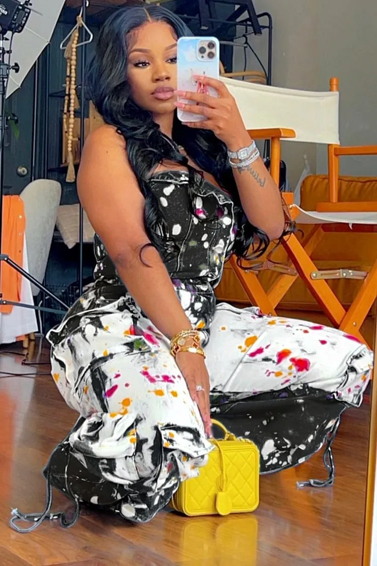 Denim Strapless Splash Ink Print Straight Leg Cargo Jumpsuit-Blue