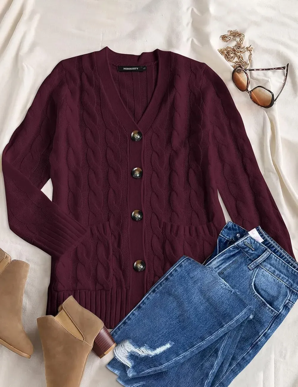 MEROKEETY Women's 2024 Fall Long Sleeve Cable Knit Sweater Open Front Cardigan Button Loose Outerwear