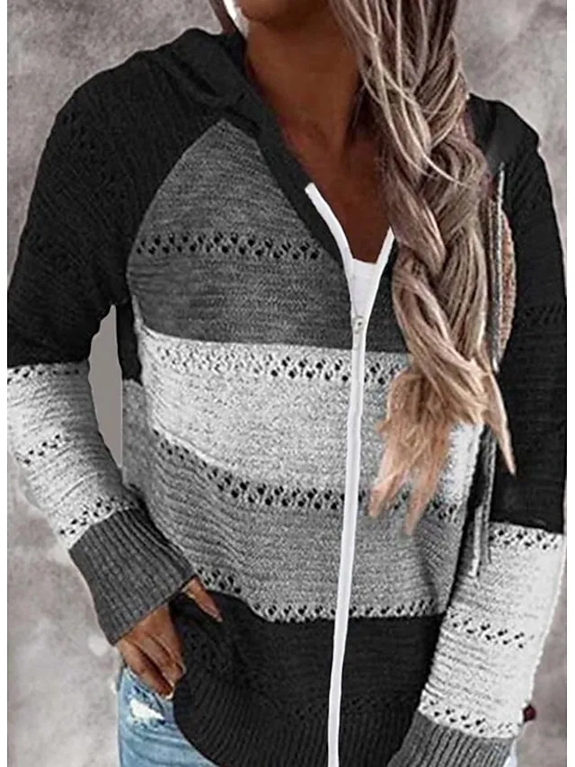 Suéter feminino com capuz e malha canelada com zíper e patchwork Primavera e outono Exterior Diariamente Exterior Moda Casual Macia Manga Longa