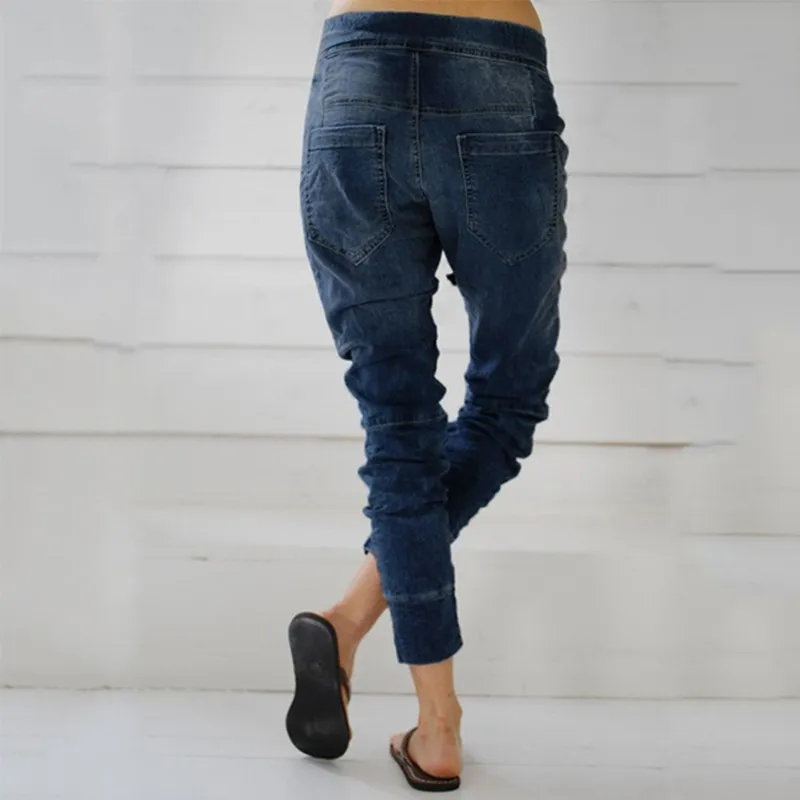 Women's Lace-up Casual Denim Harem Pants In Blue