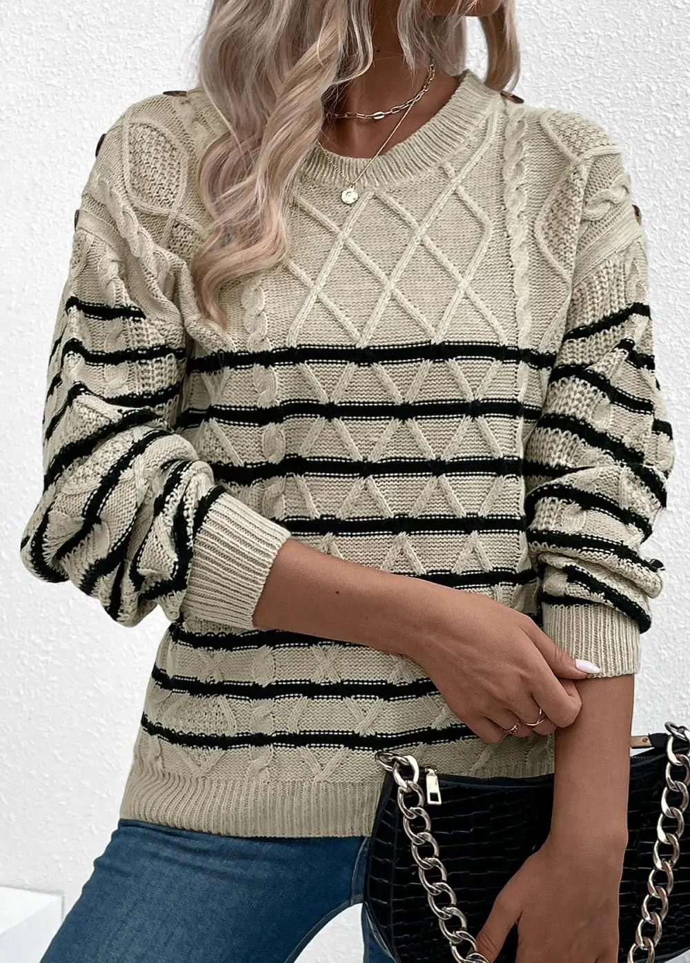 Light Camel Striped Long Sleeve Round Neck Sweater