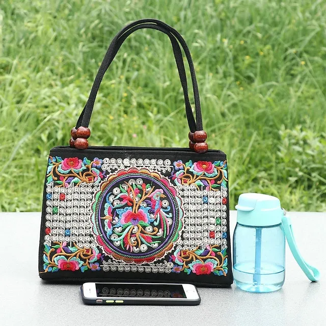 Women's Handbag Canvas Outdoor Holiday Embroidery Large Capacity Breathable Lightweight Folk Dark Red Black / Red Blue peacock