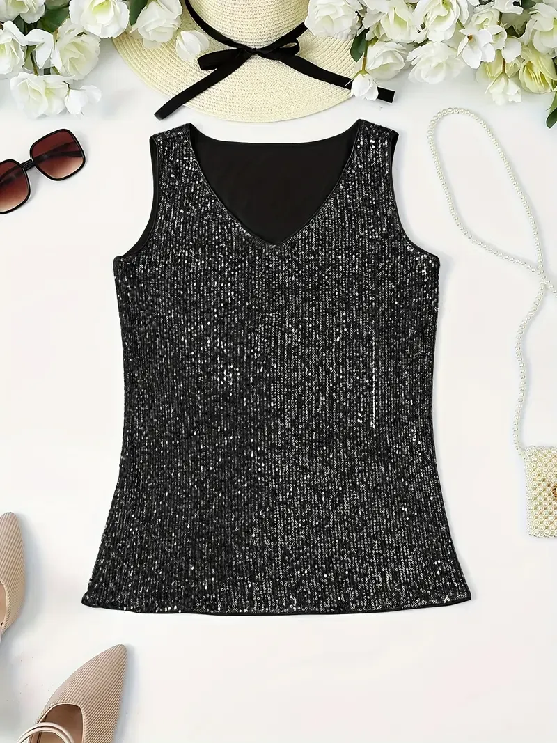 Sequined V Neck Tank Top, Elegant Sleeveless Tank Top For Spring & Summer, Women's Clothing