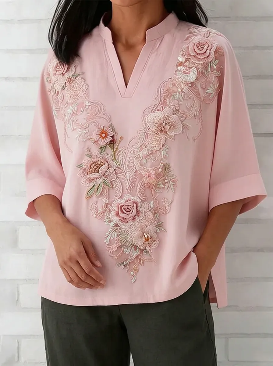 Women's Nashville Floral Embroidery V-neck Printed Top
