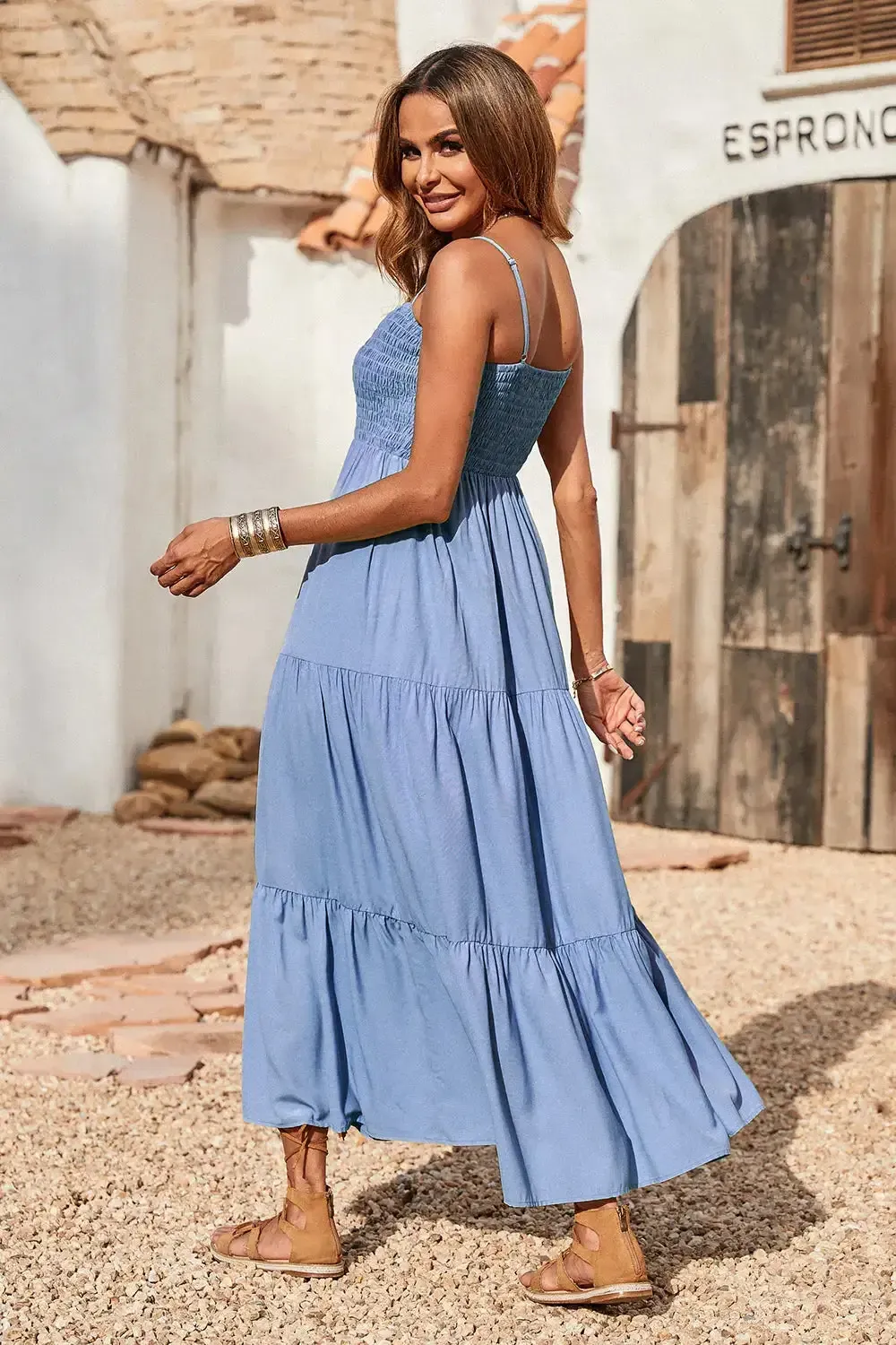 Sleeveless Spaghetti Strap Smocked Tiered Maxi Dress