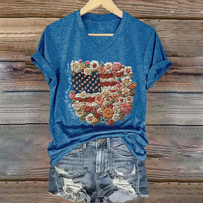 V-neck Retro Independence Day Flowers Because Of The Brave Print T-shirt