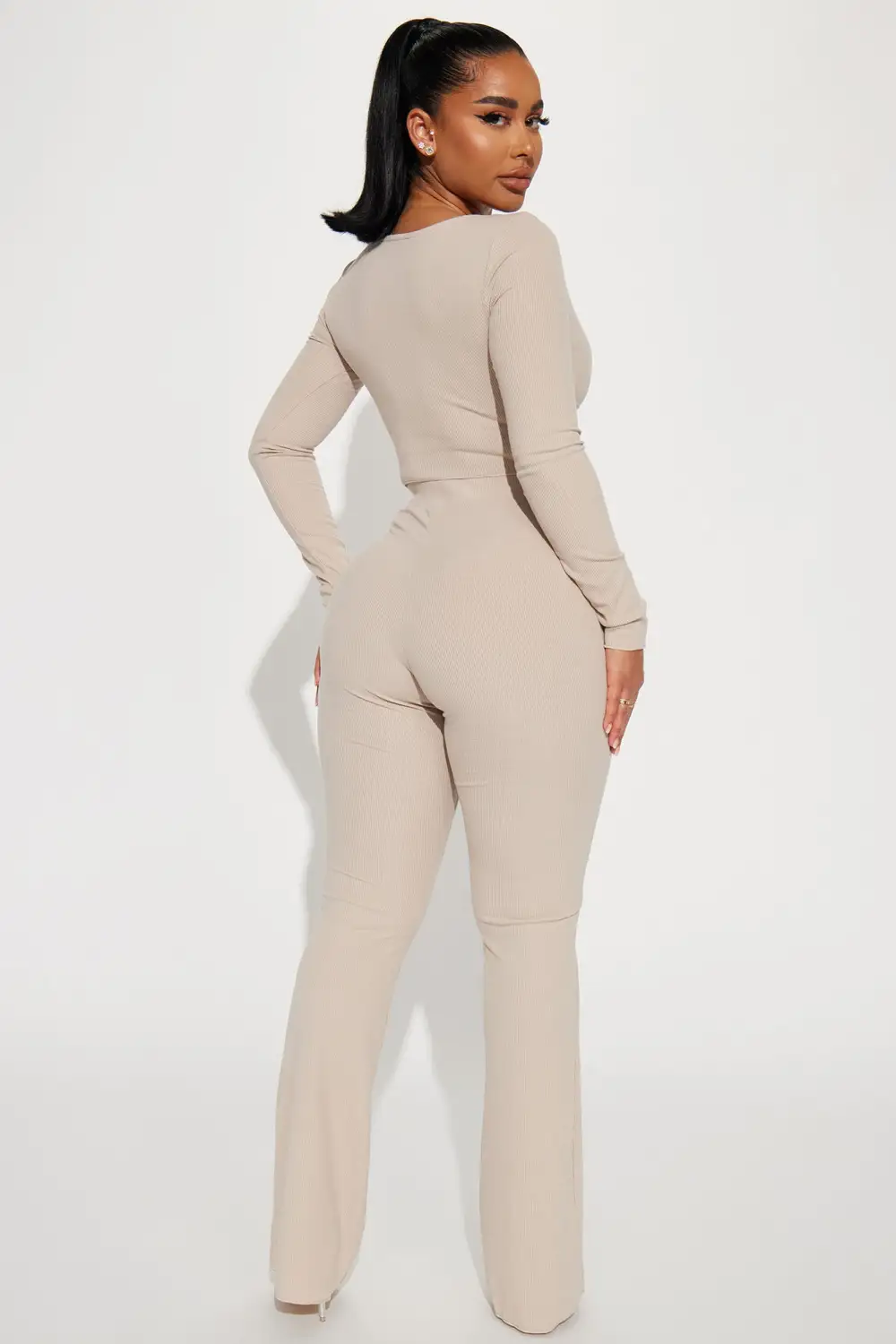Looking Away Ribbed Pant Set - Beige