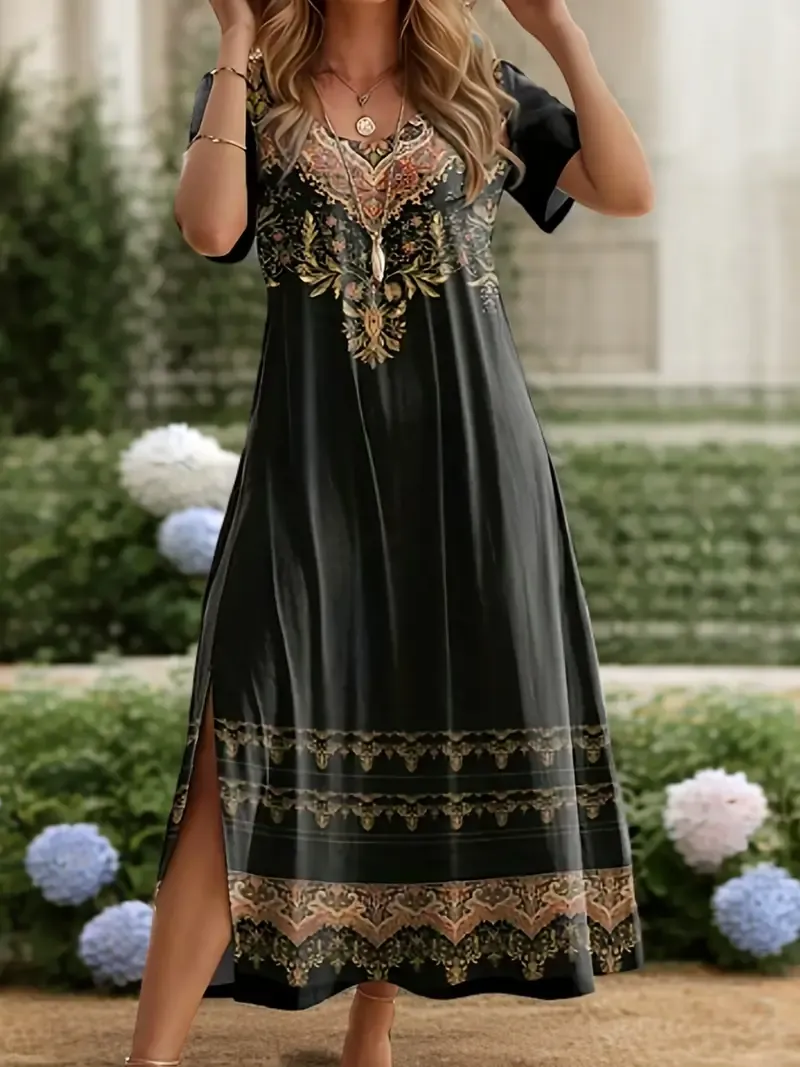Plus Size Ethnic Print Split Side Dress, Boho Short Sleeve Crew Neck Midi Dress For Spring & Summer, Women's Plus Size Clothing
