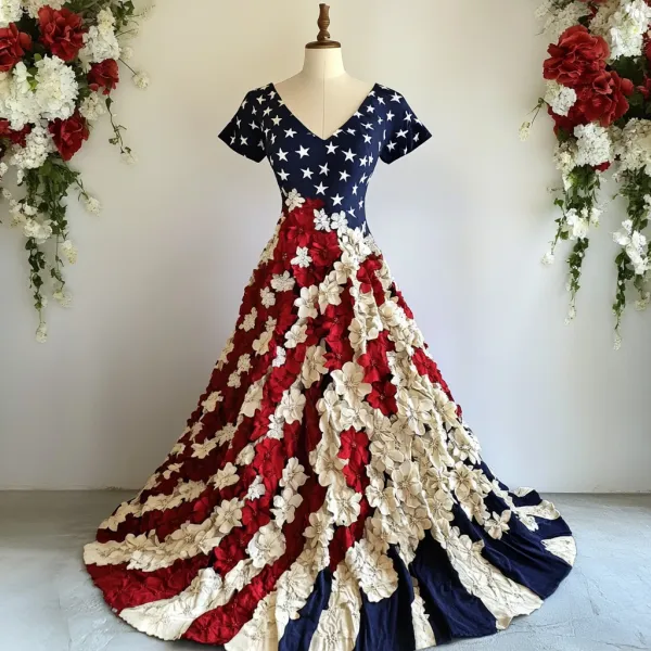 Women's Independence Day Flag And Floral Print Short Sleeve Dress