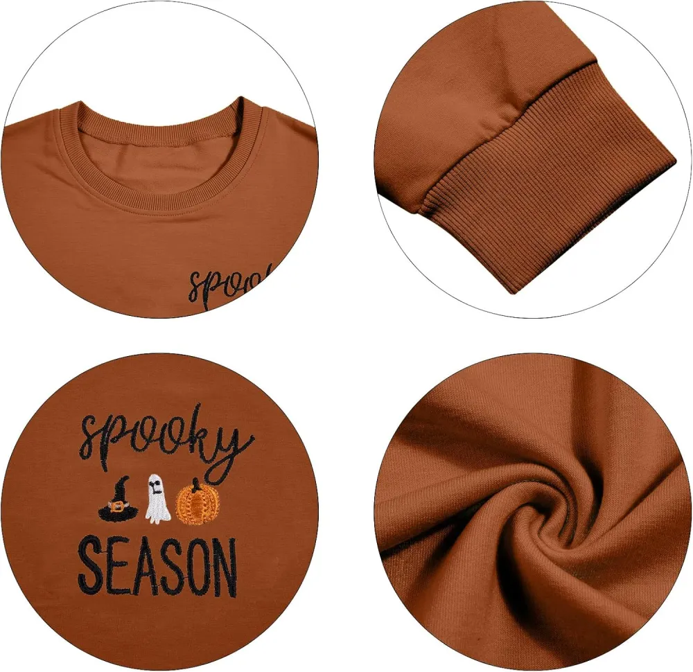 LOTUCY Halloween Sweatshirt Women Cute Spooky Season Sweatshirts Ghost Fall Embroidered Sweater Pullover Top