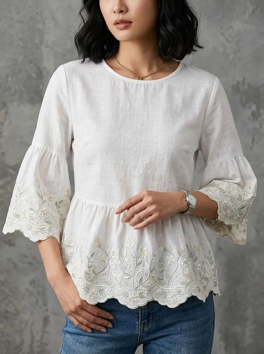 Women's Nashville Floral Embroidery Printed Peplum Top