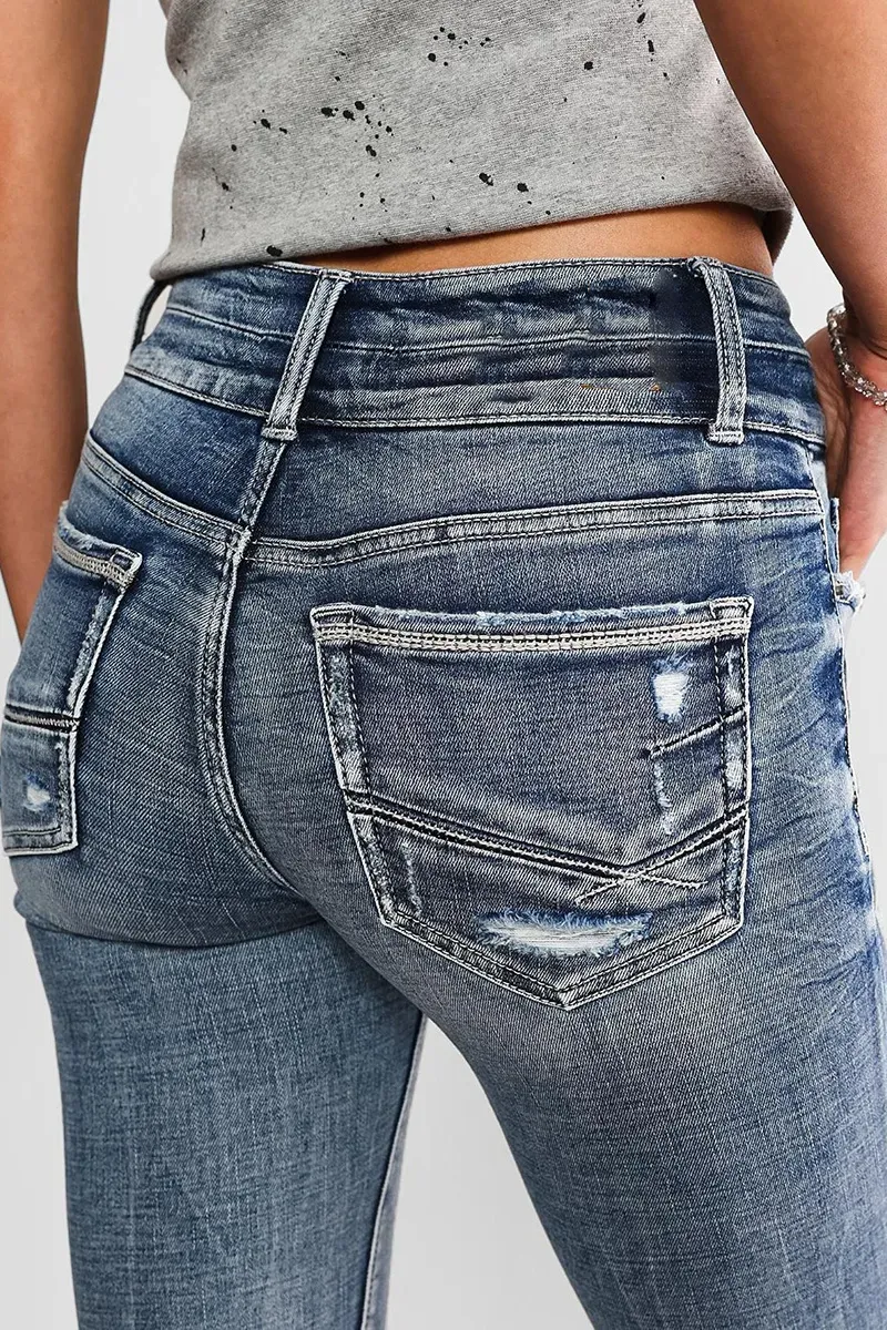 Mid Waist Double Button Skinny Jeans