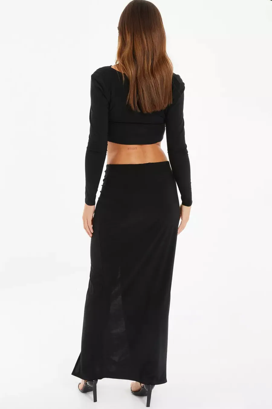 Brown Ruched Cowl Neck Top Ruched Split Maxi Skirt