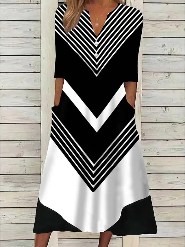 Women's Casual Dress Shift Dress Midi Dress Black and white stripes Green Dark Blue Half Sleeve Color Block Button Summer Spring V Neck Basic Vacation 2023 S M L XL XXL 3XL