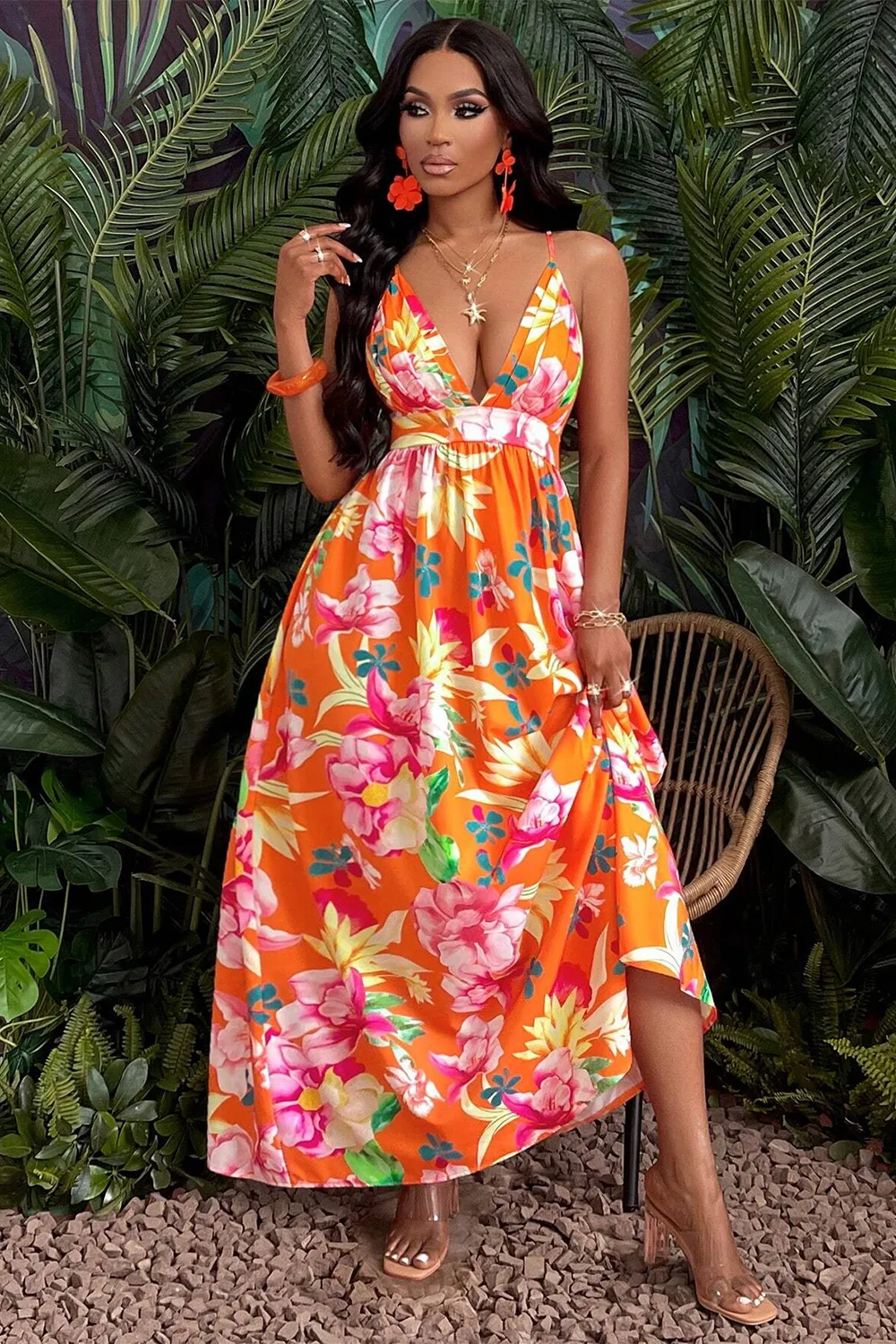 Sexy Deep V-neck Floral Dress