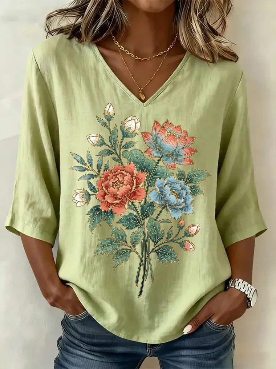 Women's Nashville Floral Lover Peony Lotus Printed V-neck Top