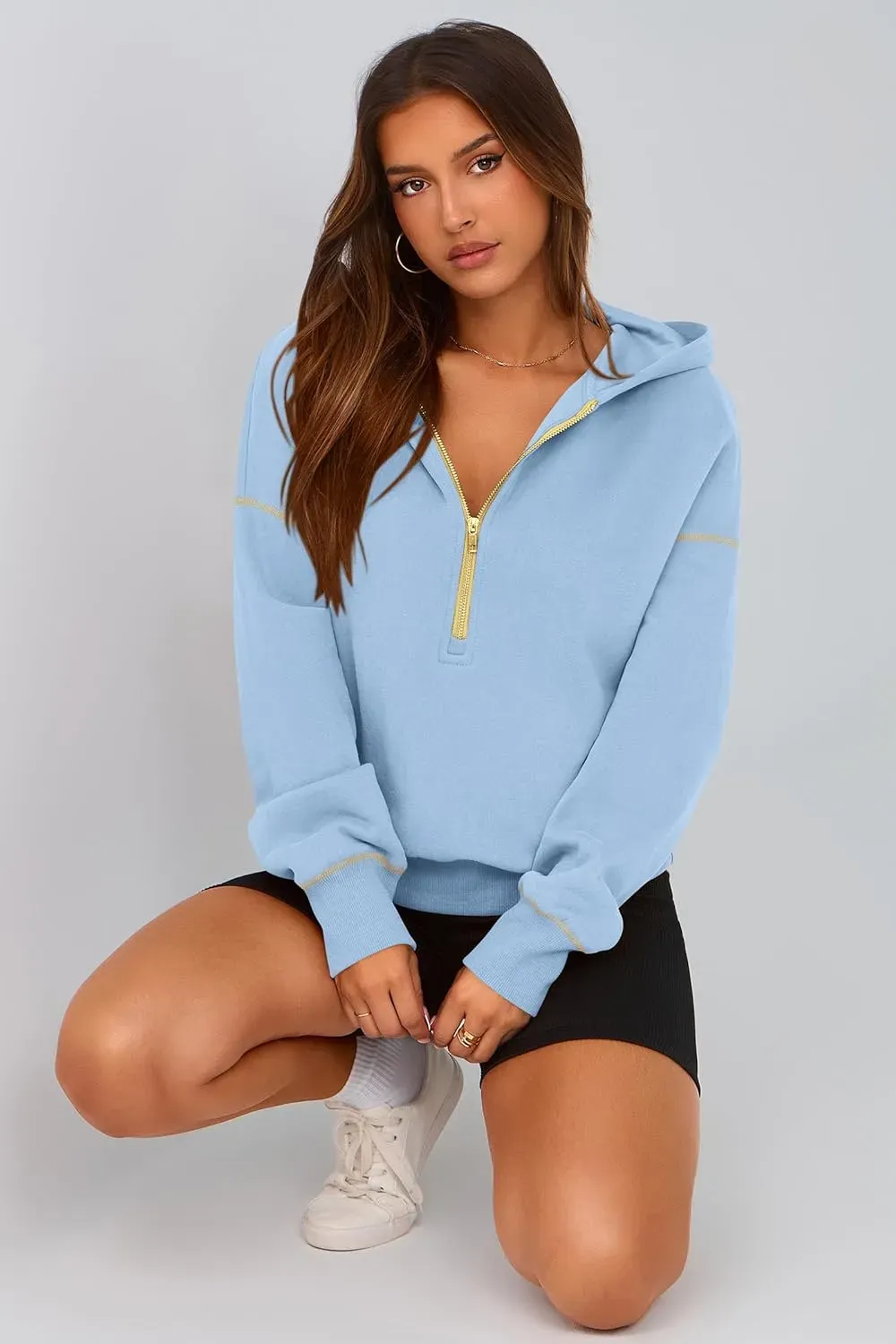 Women's Hooded Sweatshirts Long Sleeve Half Zip Cropped Hoodie Pullover Winter Fashion Clothes