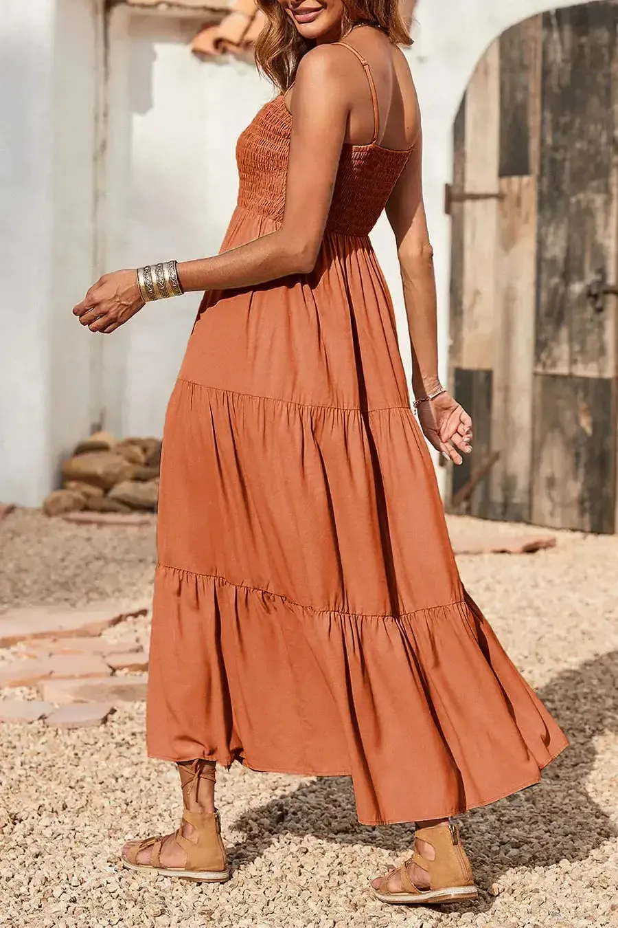 Sleeveless Spaghetti Strap Smocked Tiered Maxi Dress