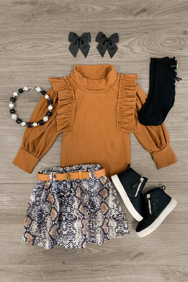 Brown Turtleneck Snake Skin Skirt Set