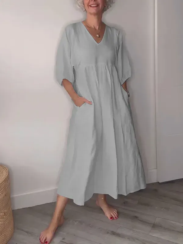 Women's V-neck Solid Color Mid-length Sleeve Dress
