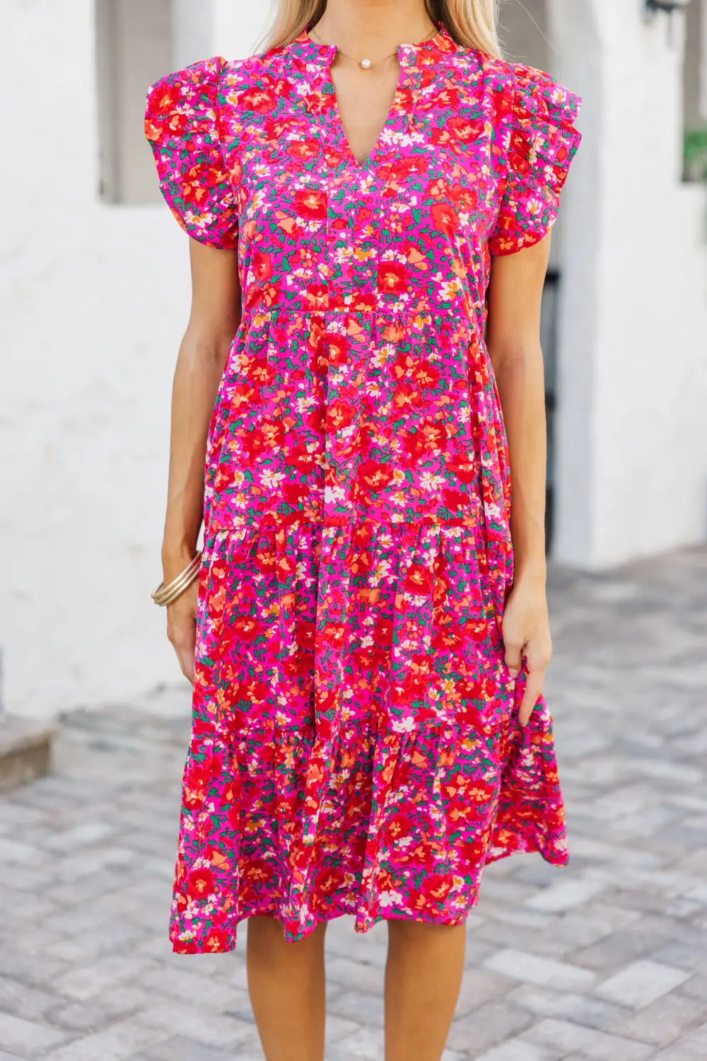 Make It Your Own Fuchsia Pink Floral Tiered Dress