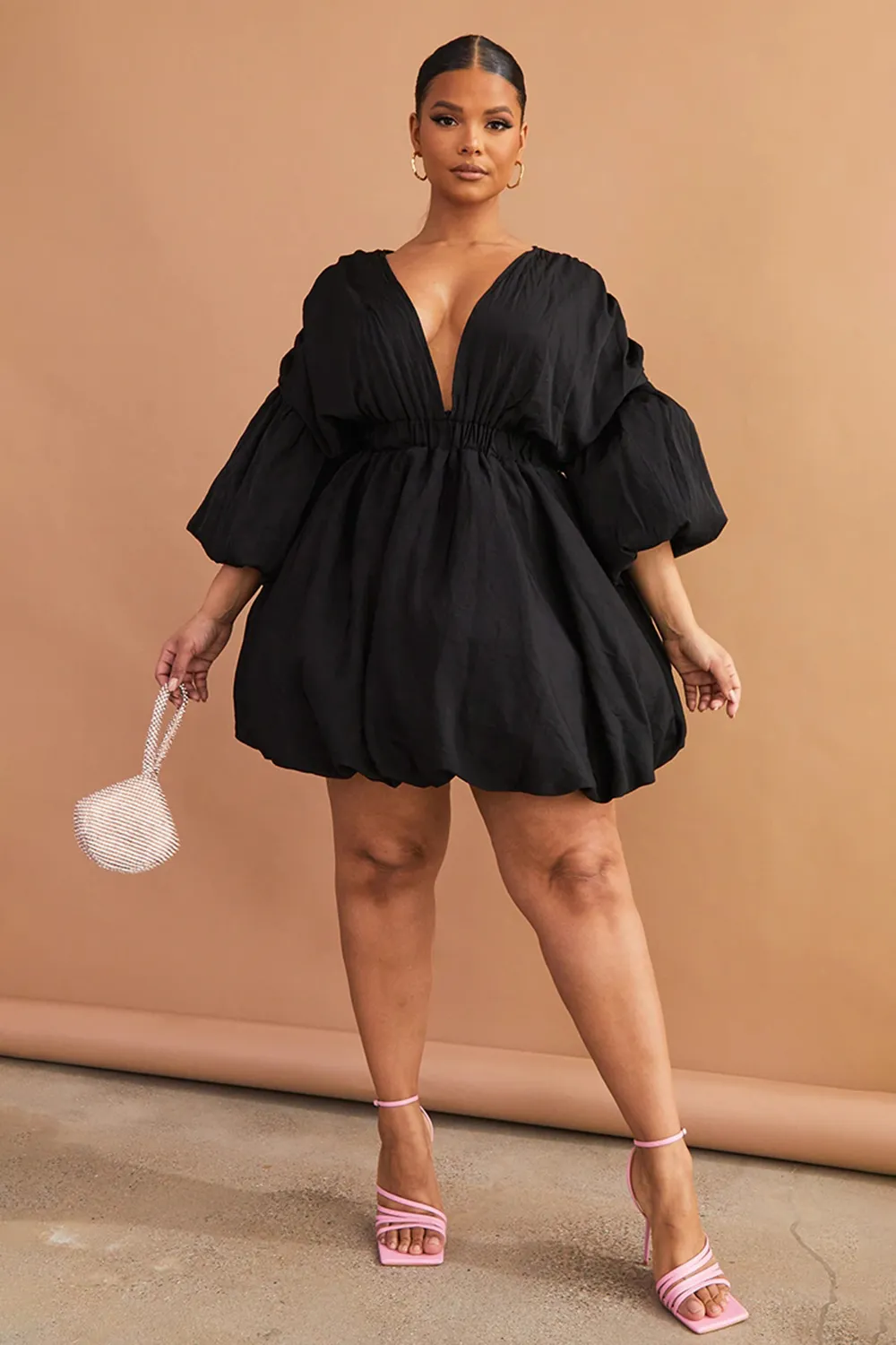 Plus Black Puff Sleeve Puffball Hem Dress