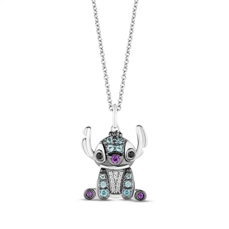 Disney Treasures Lilo & Stitch London Blue Topaz, Amethyst & Diamond Necklace 1/20 ct tw Sterling Silver 17