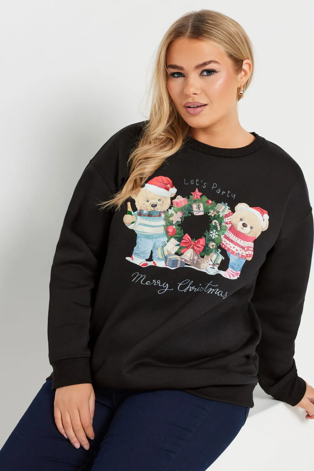 YOURS Curve Black Teddy Bear Christmas Print Sweatshirt