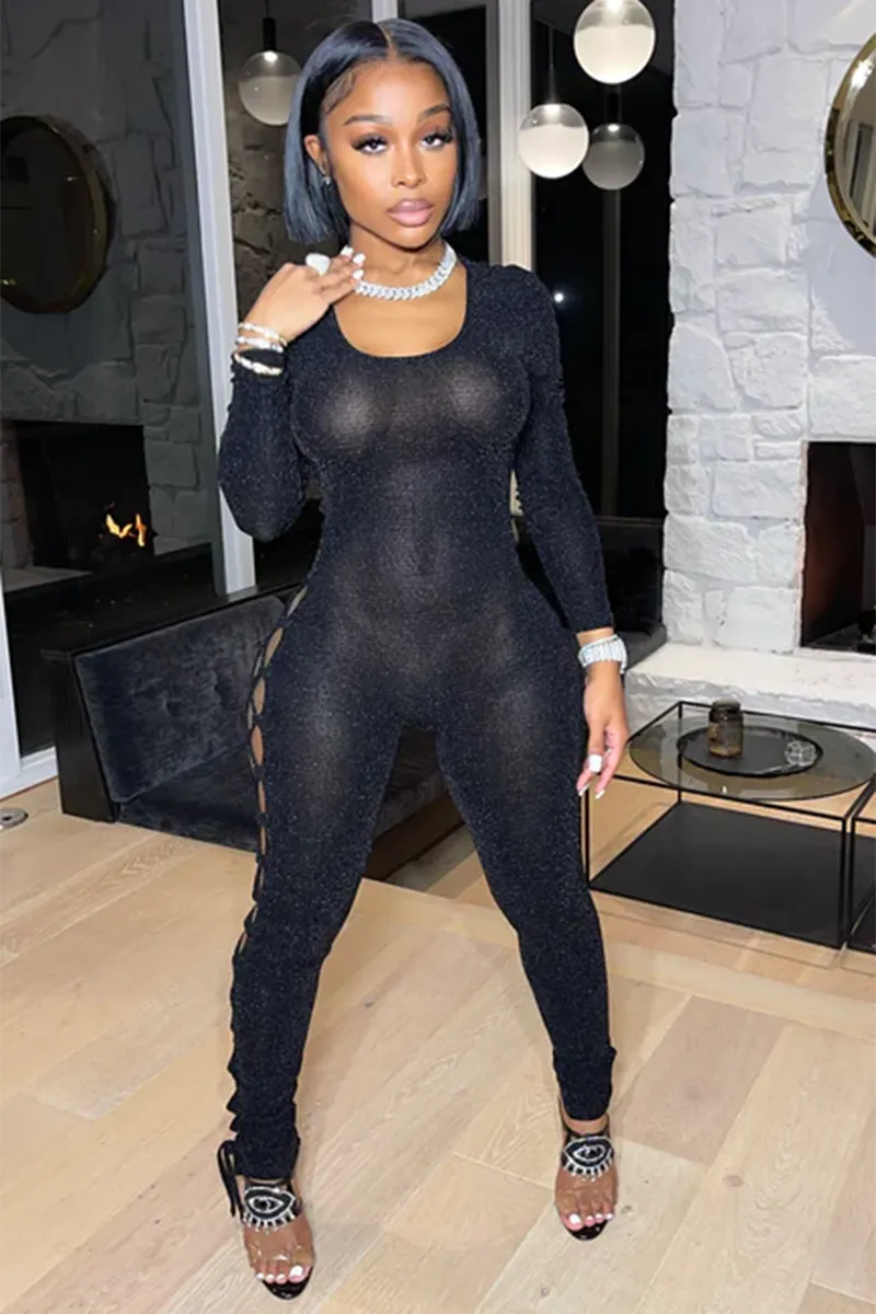Asymmetric Lace Up See Through Bronzing Cocktail Party Bodycon Jumpsuit-Gray