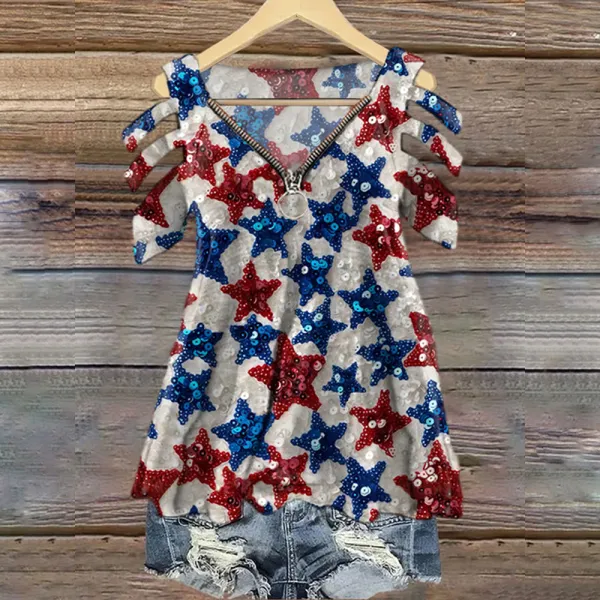 Women's Independence Day Flag Print V-neck T-shirt