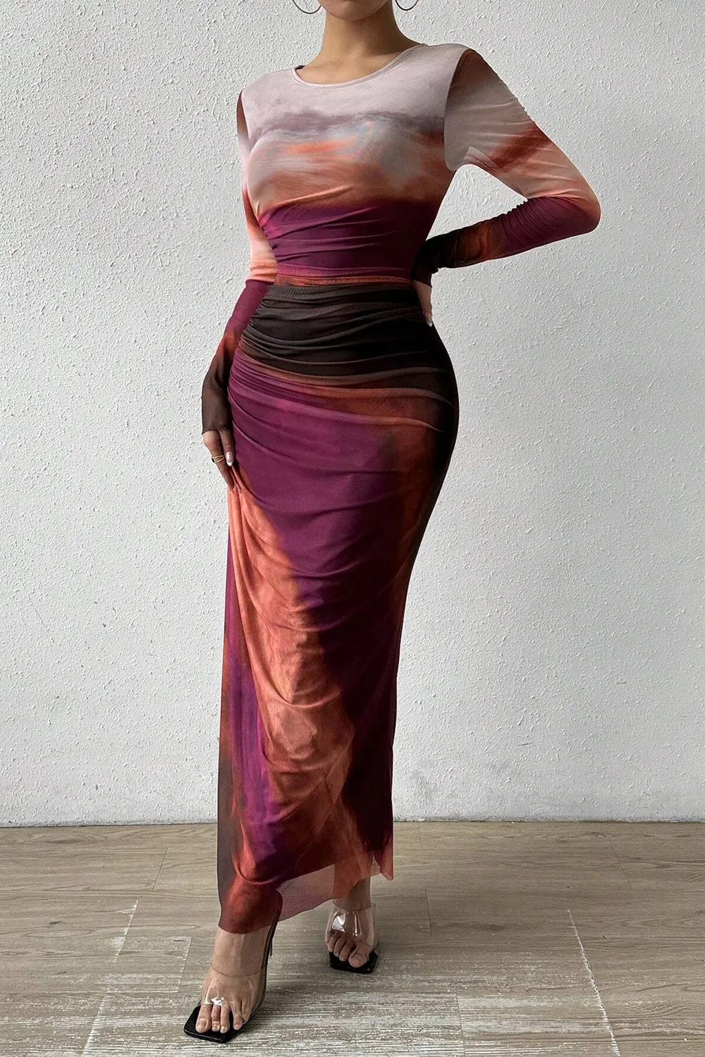 Women's Tie Dye Long Sleeve Pleated Dress Multicolor