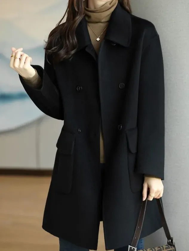 Shawl Collar Long Sleeve Plain Buckle Heavyweight Loose Coat For Women