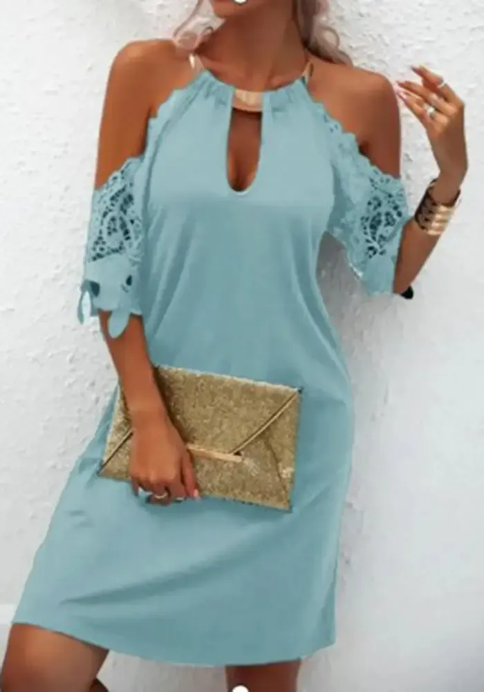 Newtown Metal Hanging Neck Hollow Out Sleeve Dress