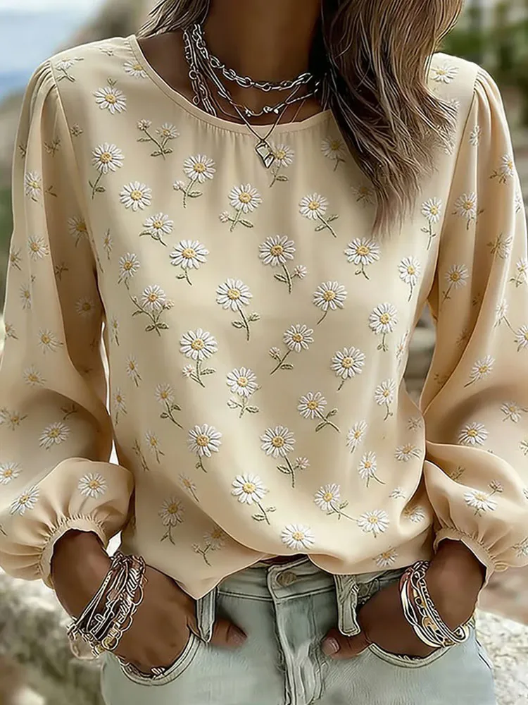 Women'S Floral Art Printed Casual Long Sleeved Shirt