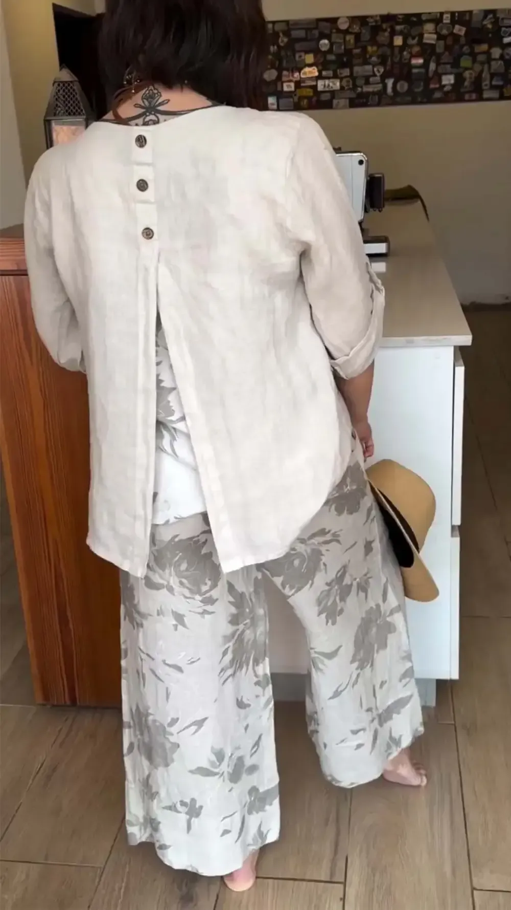 Women's Casual Cotton and Linen Printed Long Sleeve Suit