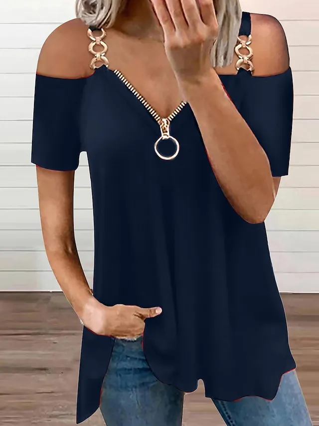 Women's T shirt Tee Burgundy Tee Tunic Plain Black Wine Navy Blue Cold Shoulder Quarter Zip Short Sleeve Casual Weekend Basic Off Shoulder V Neck Regular Fit Cold Shoulder