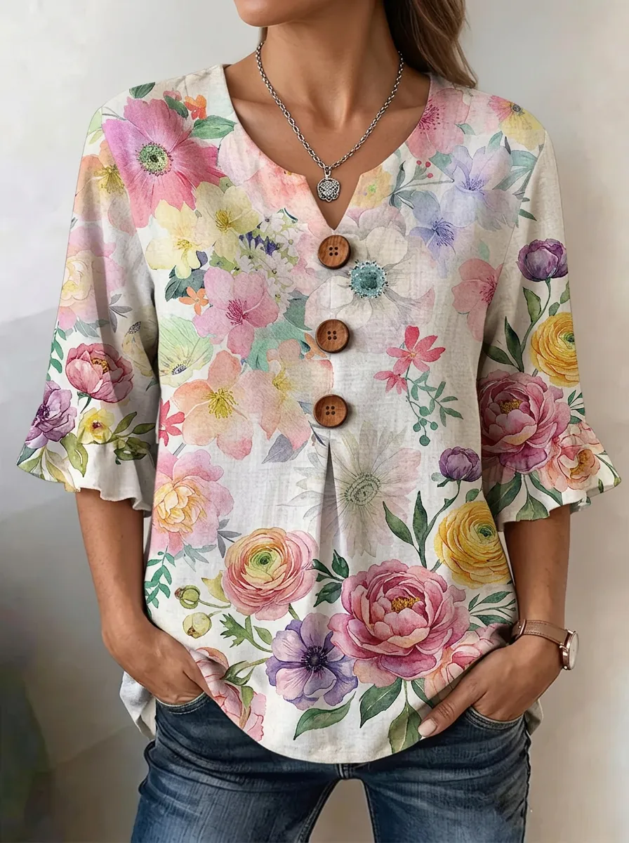 Women's Nashville Floral Watercolor Printed V-Neck Button Top