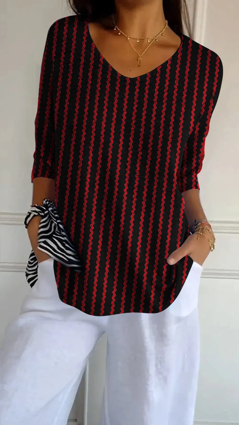 Women's Casual V-Neck Striped Sweater