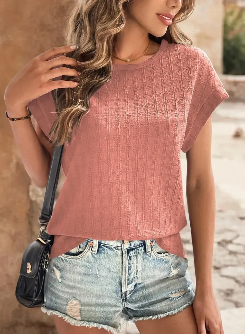 Dokotoo Tops for Women Trendy Summer Casual Cap Short Sleeve Basic Textured Solid Color Round Neck T Shirts Blouse