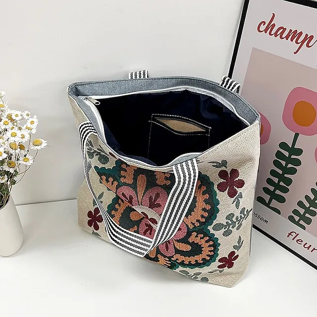 Women's Tote Shoulder Bag Canvas Tote Bag Canvas Shopping Holiday Zipper Large Capacity Foldable Lightweight Geometric Folk Style one Style Three Style two