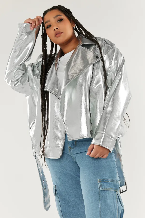 LIMITED COLLECTION Curve Silver Metallic Biker Jacket