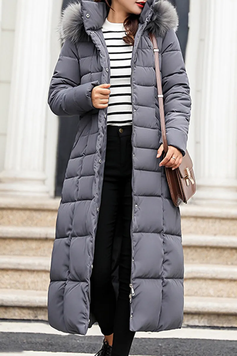 Hooded Fur Collar Belt Plain Coat