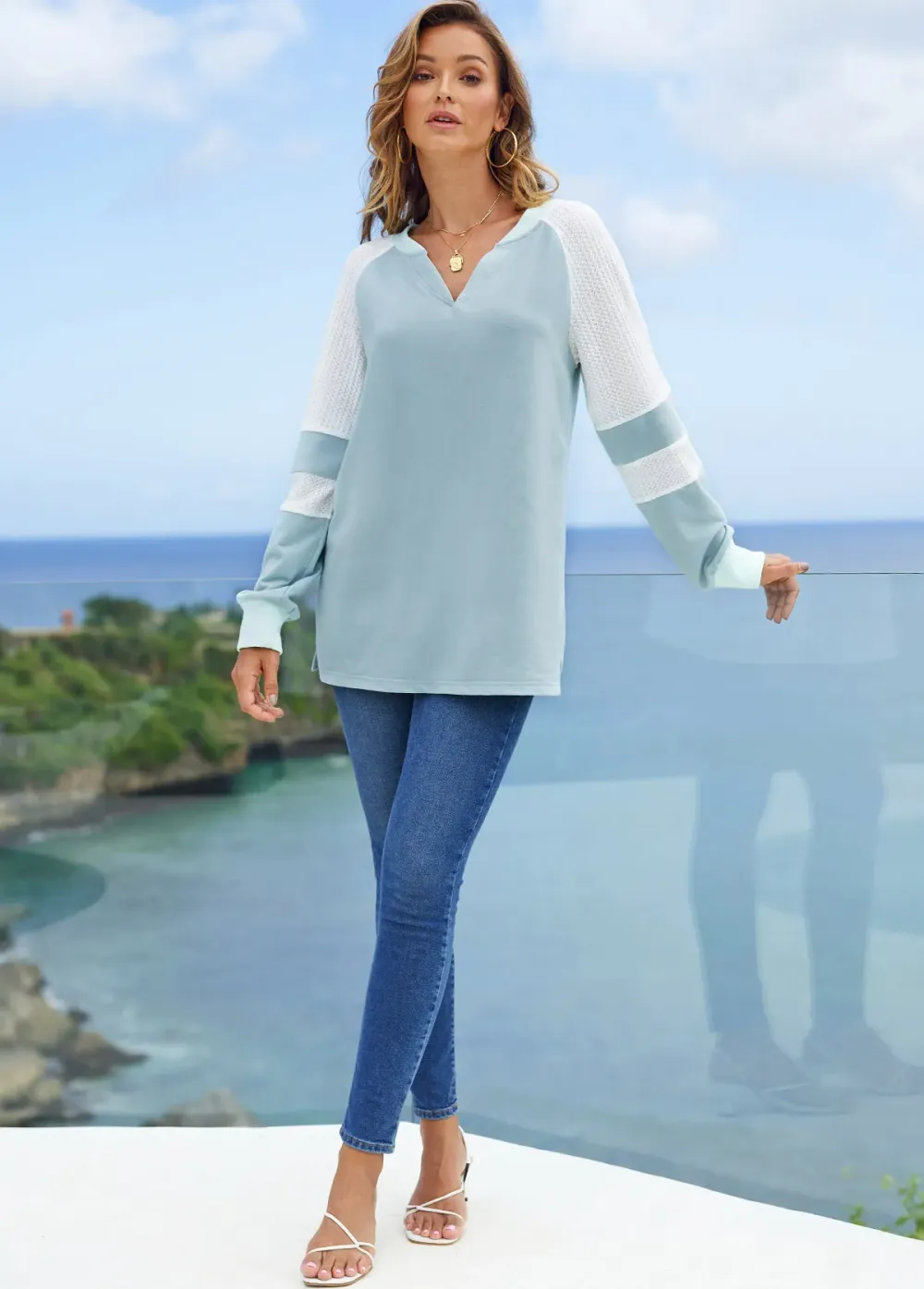 Long Sleeve Split Neck Contrast Sweatshirt